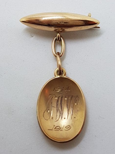 9ct Rose Gold Initialed " J.W.W. 1914 - 1919 " Oval Drop on Bar Brooch – Antique / Vintage
