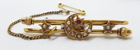9ct Yellow Gold Garnet and Seedpearl Star and Crescent Moon Bar Brooch – Antique / Vintage