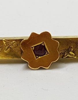 9ct Yellow Gold Garnet Ornate Floral Bar Brooch – Antique / Vintage
