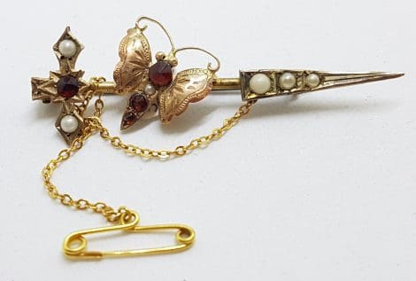 9ct Yellow Gold Garnet and Seedpearl Butterfly on Arrow Bar Brooch – Antique / Vintage