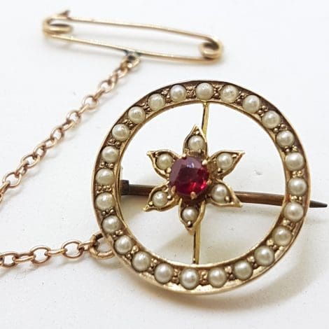 9ct Yellow Gold Garnet and Seedpearl Flower in Round Brooch – Antique / Vintage