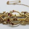 15ct Yellow Gold Ruby and Seedpearl Ornate Crescent and Star Bar Brooch