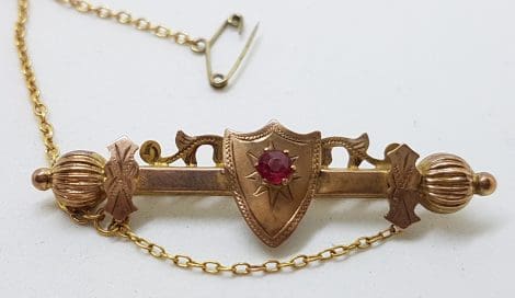 9ct Rose Gold Garnet Shield Bar Brooch – Antique / Vintage