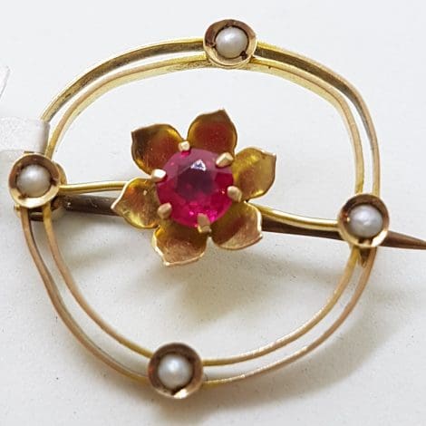 9ct Yellow Gold Red and Seedpearl Flower in Round Brooch – Antique / Vintage