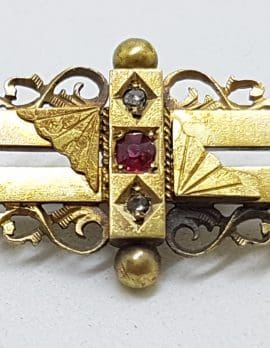 15ct Yellow Gold Garnet and Diamond Ornate Bar Brooch – Antique / Vintage