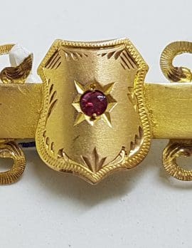15ct Yellow Gold Garnet Shield Ornate Bar Brooch – Antique / Vintage