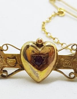 15ct Yellow Gold Garnet Heart Ornate Bar Brooch – Antique / Vintage
