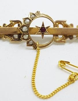 15ct Yellow Gold Garnet and Seedpearl Star and Crescent Moon Bar Brooch – Antique / Vintage
