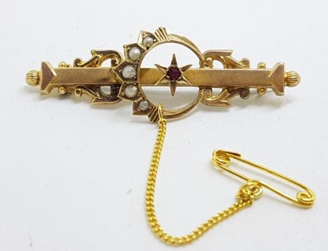 15ct Yellow Gold Garnet and Seedpearl Star and Crescent Moon Bar Brooch – Antique / Vintage