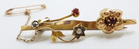 9ct Yellow Gold Red & Seedpearl Flower Bar Brooch – Antique / Vintage