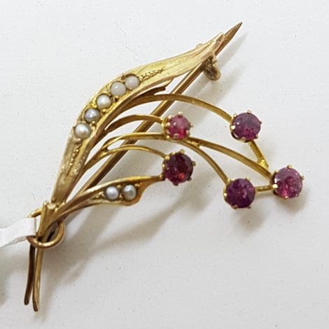 9ct Yellow Gold Garnet and Seedpearl Large Spray Brooch – Antique / Vintage