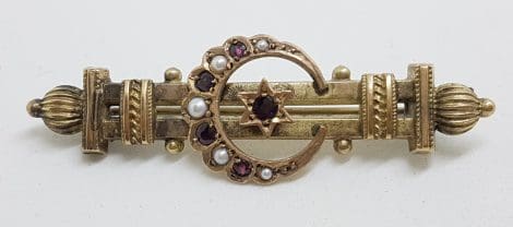9ct Rose Gold Garnet and Seedpearl Star and Crescent Moon Bar Brooch – Antique / Vintage