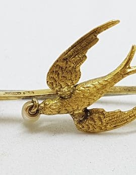 15ct Yellow Gold Bird / Swallow on Bar Brooch – Antique / Vintage