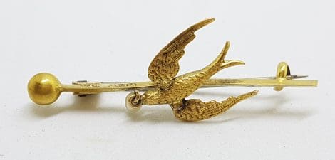 15ct Yellow Gold Bird / Swallow on Bar Brooch – Antique / Vintage