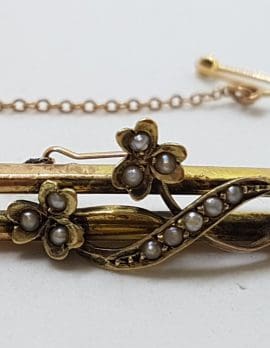 9ct Rose Gold Seedpearl Clover Leaf Flower Twist Bar Brooch – Antique / Vintage