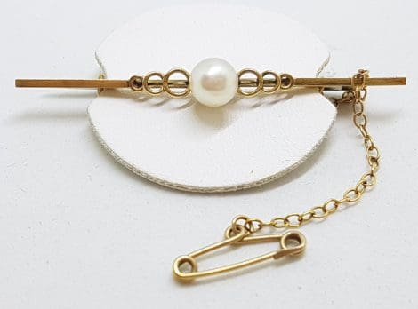 9ct Yellow Gold Cultured Pearl on Ornate Bar Brooch – Antique / Vintage