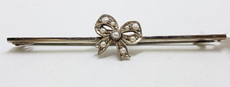 9ct White Gold Seedpearl Bow on Bar Brooch – Antique / Vintage