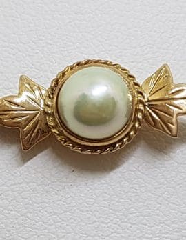 9ct Yellow Gold Cultured Pearl on Ornate Leaf Design Bar Brooch – Antique / Vintage