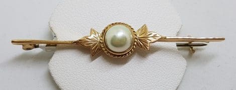 9ct Yellow Gold Cultured Pearl on Ornate Leaf Design Bar Brooch – Antique / Vintage