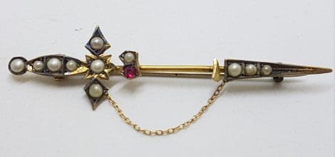 9ct Yellow Gold Seedpearl Sword / Arrow Bar Brooch – Antique / Vintage