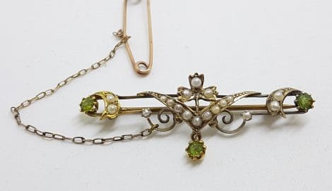 9ct Yellow Gold Peridot and Seedpearl Ornate Bar Brooch - Antique / Vintage