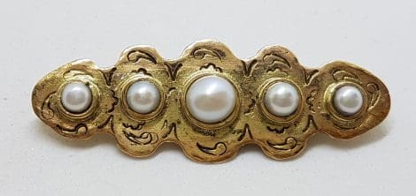 9ct Yellow Gold 5 Pearl Handmade Brooch – Antique / Vintage