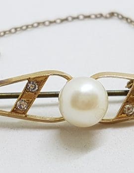 9ct Yellow Gold Pearl and Cubic Zirconia Bar Brooch – Antique / Vintage