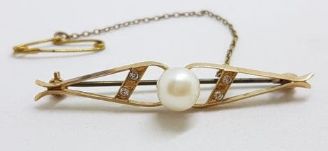 9ct Yellow Gold Pearl and Cubic Zirconia Bar Brooch – Antique / Vintage
