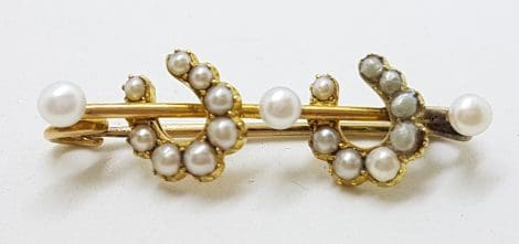 18ct Yellow Gold Seedpearl Double Horsehoe on Bar Brooch – Equestrian - Antique / Vintage