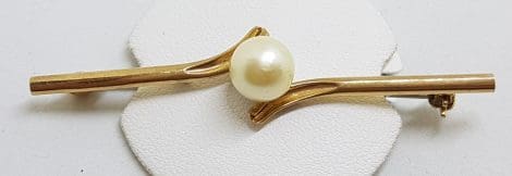 9ct Yellow Gold Cultured Pearl on Bar Brooch – Antique / Vintage