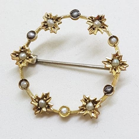 15ct Yellow Gold Seedpearl Flowers on Round Brooch – Antique / Vintage