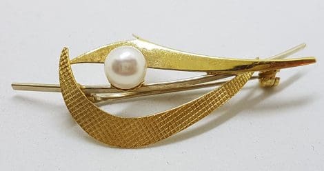 9ct Yellow Gold Cultured Pearl Large Curved Brooch – Antique / Vintage