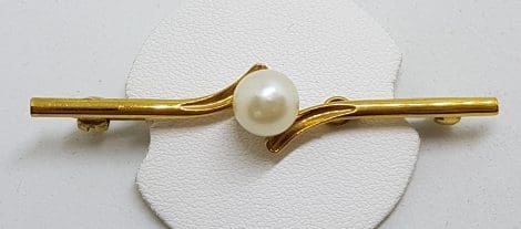 9ct Yellow Gold Cultured Pearl on Bar Brooch – Antique / Vintage