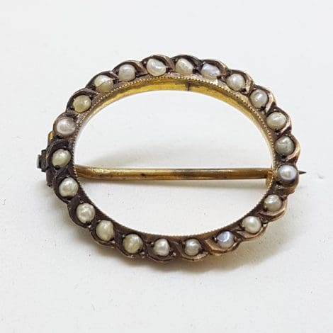 15ct Yellow Gold Seedpearl Oval Brooch – Antique / Vintage