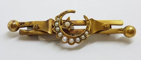 15ct Yellow Gold Seedpearl Ornate Crescent and Star Bar Brooch