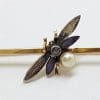 18ct Yellow Gold Enamel, Diamond and Pearl Butterfly Bar Brooch