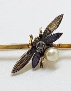 18ct Yellow Gold Enamel, Diamond and Pearl Butterfly Bar Brooch