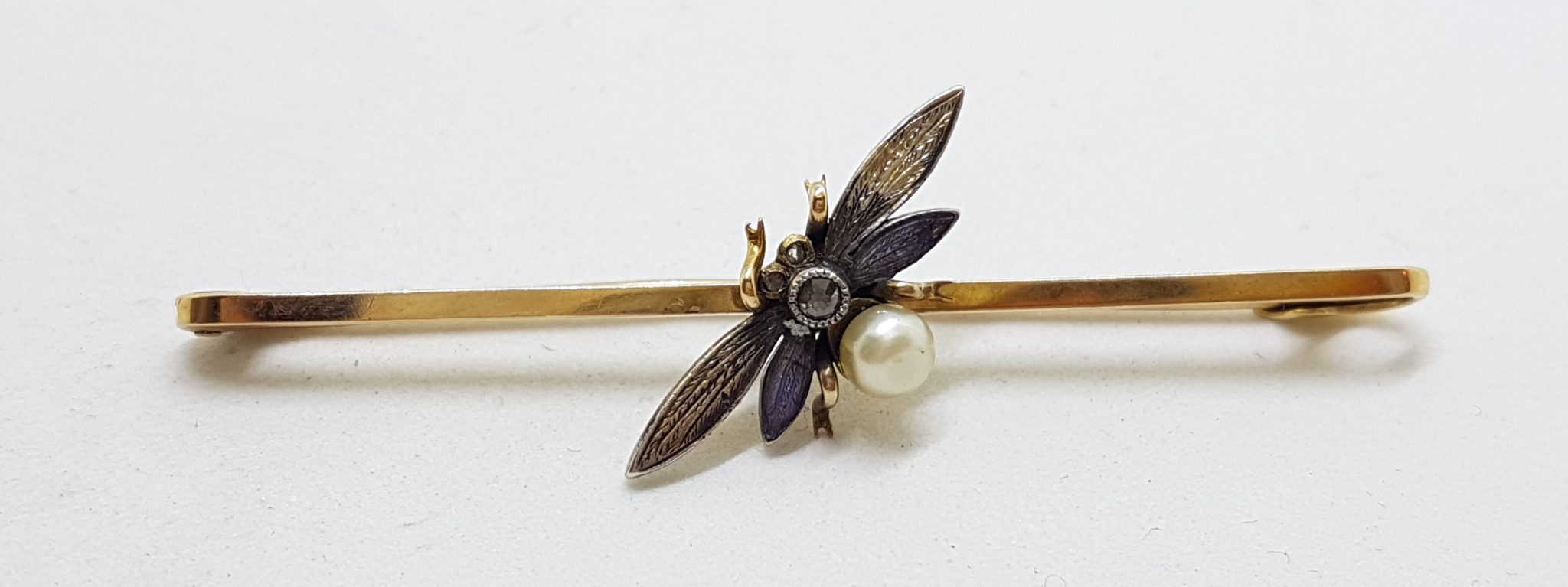 18ct Yellow Gold Enamel, Diamond and Pearl Butterfly Bar Brooch