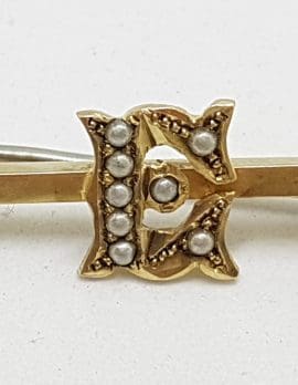 15ct Yellow Gold Seedpearl Initial E Bar Brooch – Antique / Vintage