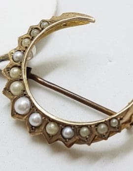 15ct Yellow Gold Seedpearl Crescent Moon Brooch