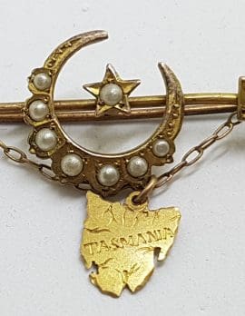 15ct Yellow Gold Seedpearl Ornate Crescent Moon and Star on Sword with Tasmania Map Bar Brooch