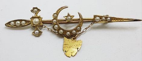 15ct Yellow Gold Seedpearl Ornate Crescent Moon and Star on Sword with Tasmania Map Bar Brooch