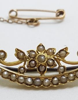 15ct Yellow Gold Seedpearl Ornate Floral and Crescent Moon Brooch - Antique / Vintage