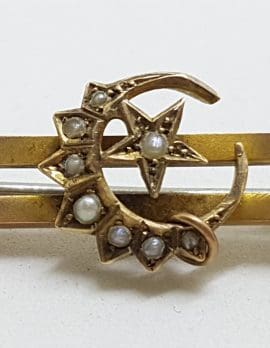 15ct Yellow Gold Seedpearl Ornate Crescent and Star Bar Brooch - Antique / Vintage