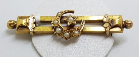 15ct Yellow Gold Seedpearl Crescent and Star Bar Brooch - Antique / Vintage