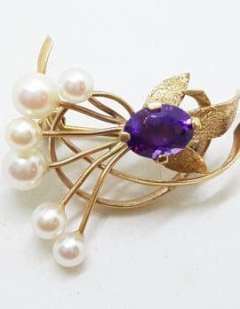 9ct Yellow Gold Amethyst and Pearl Large Swirl Brooch