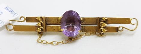 9ct Yellow Gold Oval Amethyst Bar Brooch – Antique / Vintage