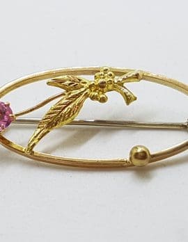 9ct Yellow Gold Oval Ornate Pink with Seedpearls Brooch – Antique / Vintage