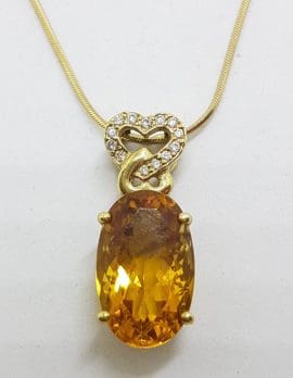 18ct Yellow Gold Oval Citrine with Diamond Heart Pendant on Gold Chain