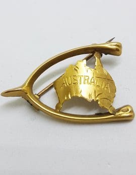9ct Yellow Gold Australia Map in Wishbone Brooch - Australiana - Antique